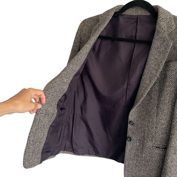 BRIAN TUCKER Ireland Vintage Wool Herringbone Blazer Jacket Black Grey L - Picture 3 of 9